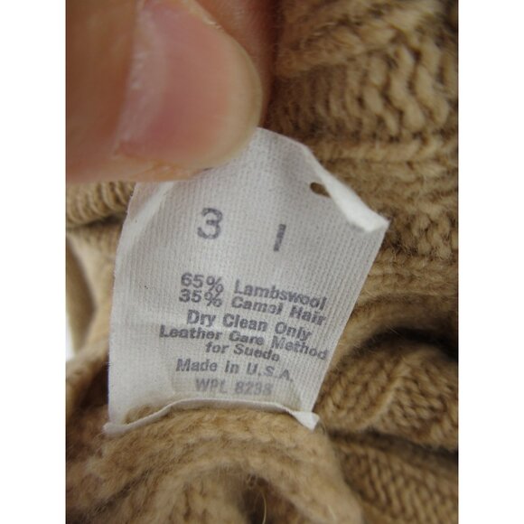 VINTAGE LL Bean Sweater Large 80s Lambswool Camel Leather Cardigan USA - Picture 13 of 14